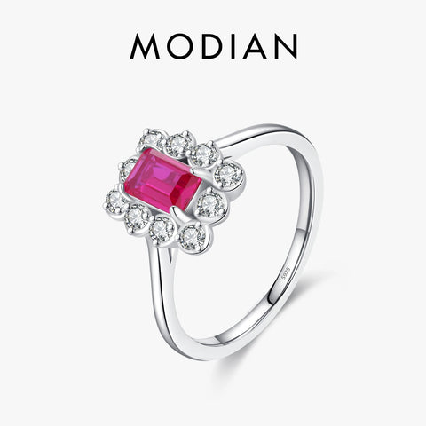 MODIAN 925 Sterling Silver Vintage Rectangle Red Zirconia Ring Cocktail Party Elegant Jewelry For Women Fine Jewelry